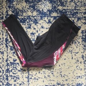 Victoria's Secret Black Leggings with Burgundy and Pink Patterned Side Panels